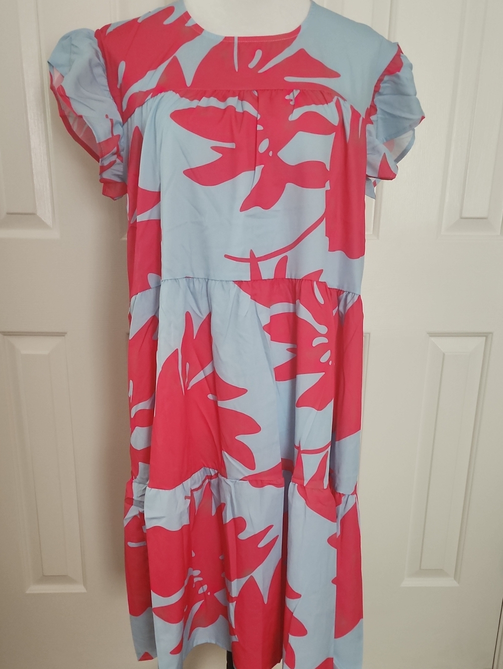 Light Blue Midi Dress with Bold Pink Floral Print